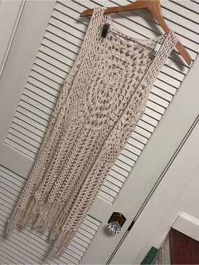 Womens Beige Crochet Fringe Vest Boho Open Knit Sleeveless Cardigan L Festival